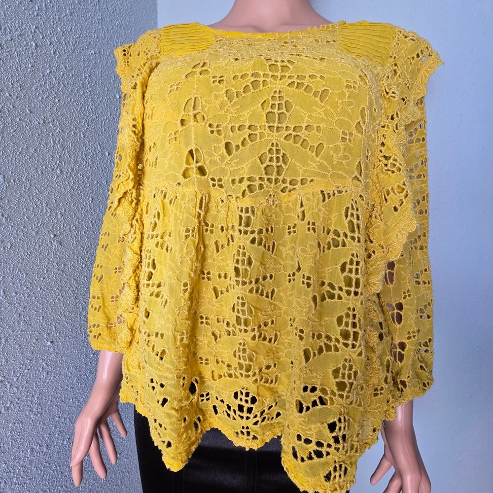 Anthropologie Mustard Yellow Eyelet Lace Ruffle‎ Blouse 10 Boho Pleated Top